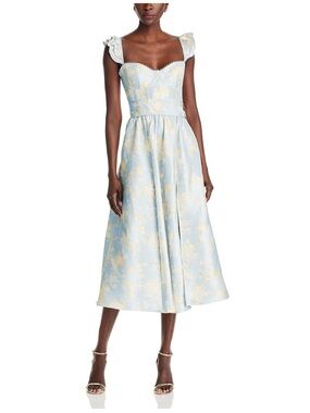 V. Chapman Vera Pale Blue and Gold Floral Midi Dress